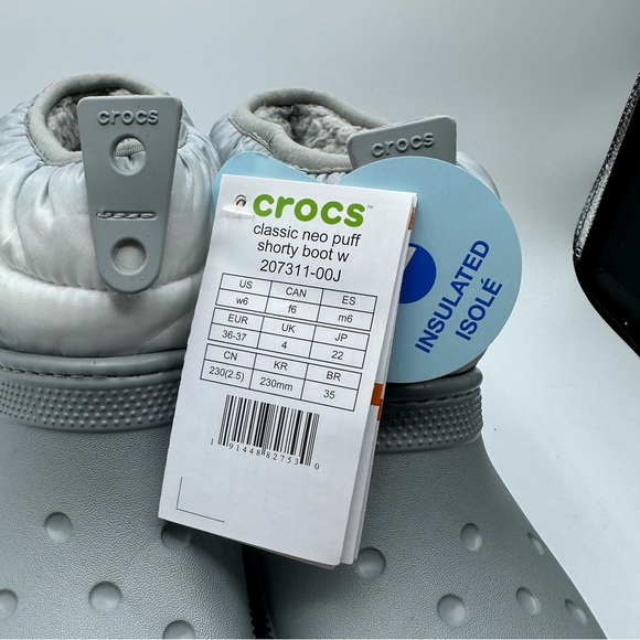 Crocs Boot Women Size 6 Grey White Classic Neo Puff Shorty Ankle Lined Snow NEW - Picture 4 of 7